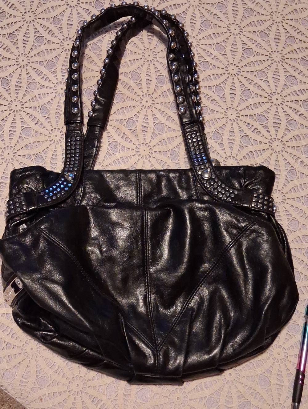 b. makowsky Black Leather Shoulder Bag with Studded Straps and Rivet Detail